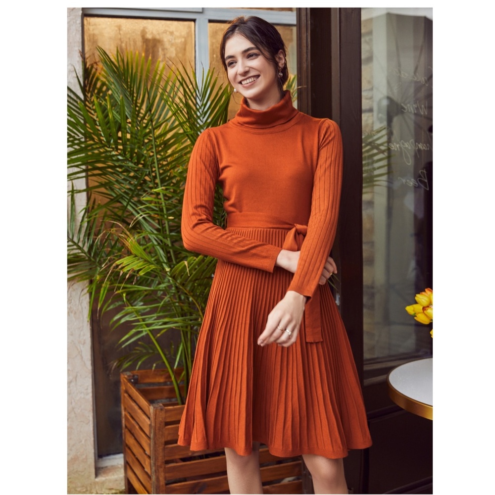 Pumpkin Orange Turtleneck Knit Belted Dress - Picture 9 of 16